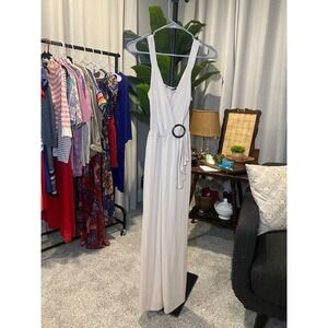 Lulus Womens Cream Wide Leg Jumpsuit V Neck O-Ring Buckle Sleeveless